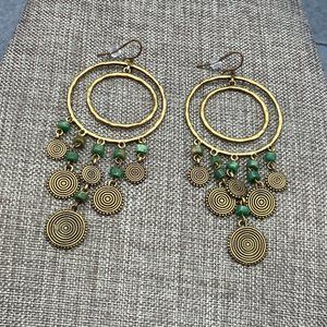 Ralph Lauren Pierced Earrings Dangle Gold Hoop Jade Green Bead Concentric Circle
